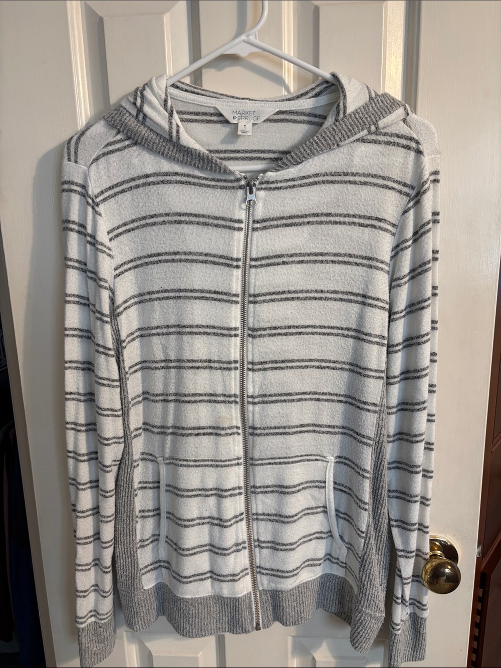 Market & Spruce White and Gray Striped Zip Hoodie Cardigan